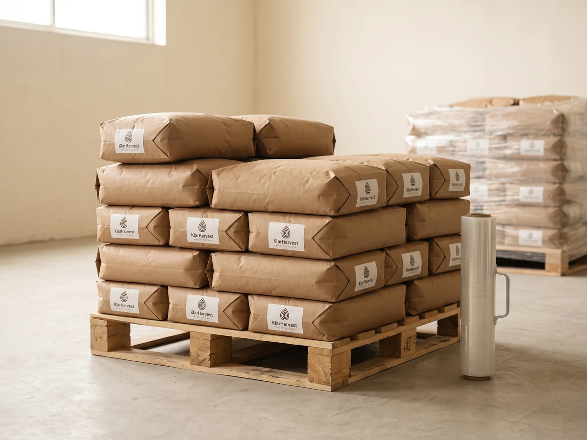 A wooden stringer pallet half stacked with kraft sacks with the KlarHarvest label in an interlocking pattern, a stretch-film roll waiting beside it.