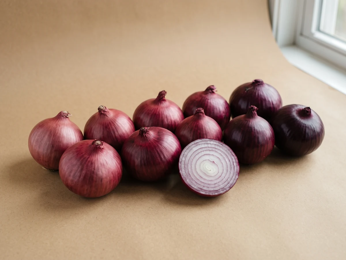 Twelve fresh red onions in two rows on a kraft-tan backdrop, their colour shifting from wine-red to deep purple, one bulb cut in half.