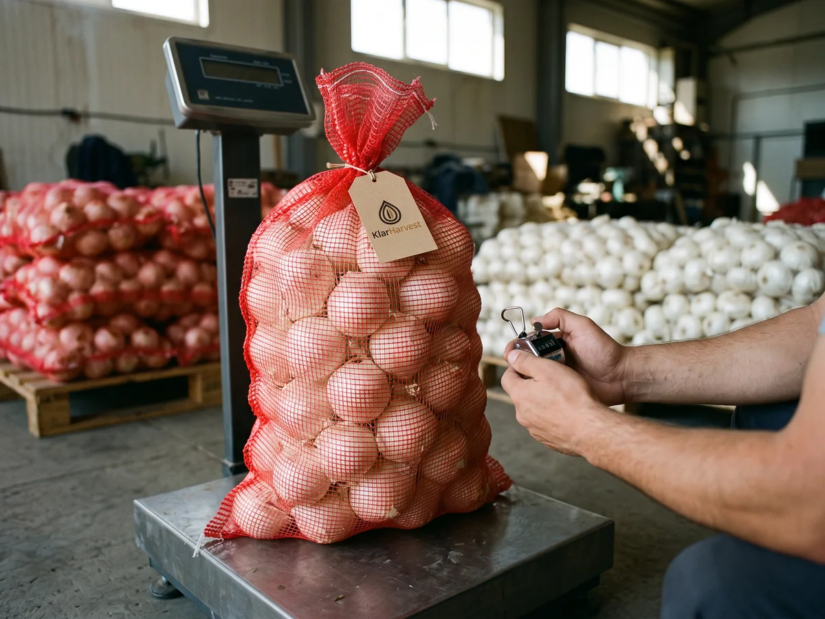 A red mesh bag of fresh white onions standing on a platform scale, a woman's hand holding a tally counter, more bags stacked behind.