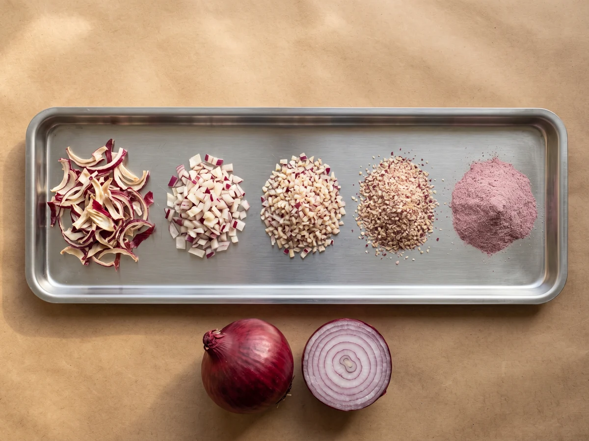 Five heaps of dehydrated red onion from flakes to powder on a stainless tray, with a whole and a halved fresh red onion below, seen from above.