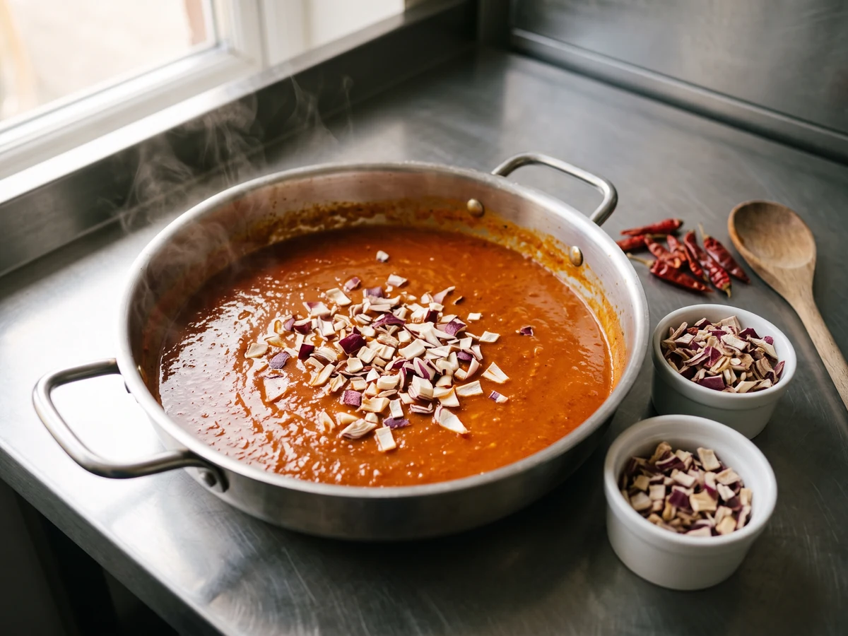 Chopped dehydrated red onion scattered on the surface of a tomato curry base in a stainless pan, a dish of the dry pieces beside it.