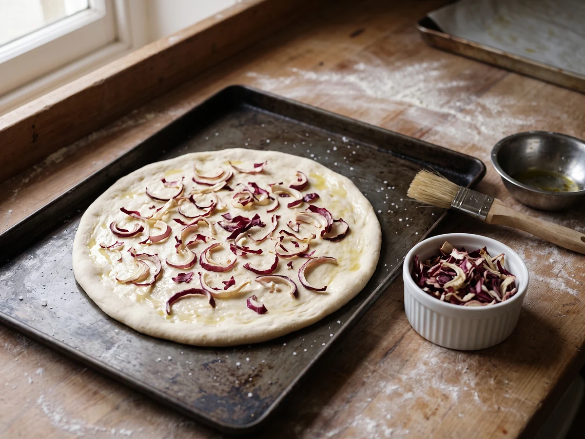 Dehydrated red onion flakes scattered over an unbaked flatbread on a baking tray, a dish of the dry flakes beside it.