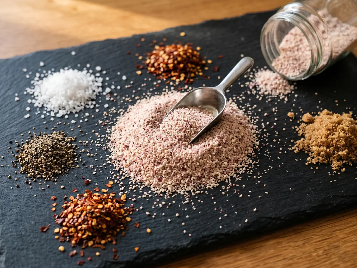 A heap of dehydrated red onion granules with a scoop in it, surrounded by heaps of salt, pepper, chilli flakes and sugar on a slate board.