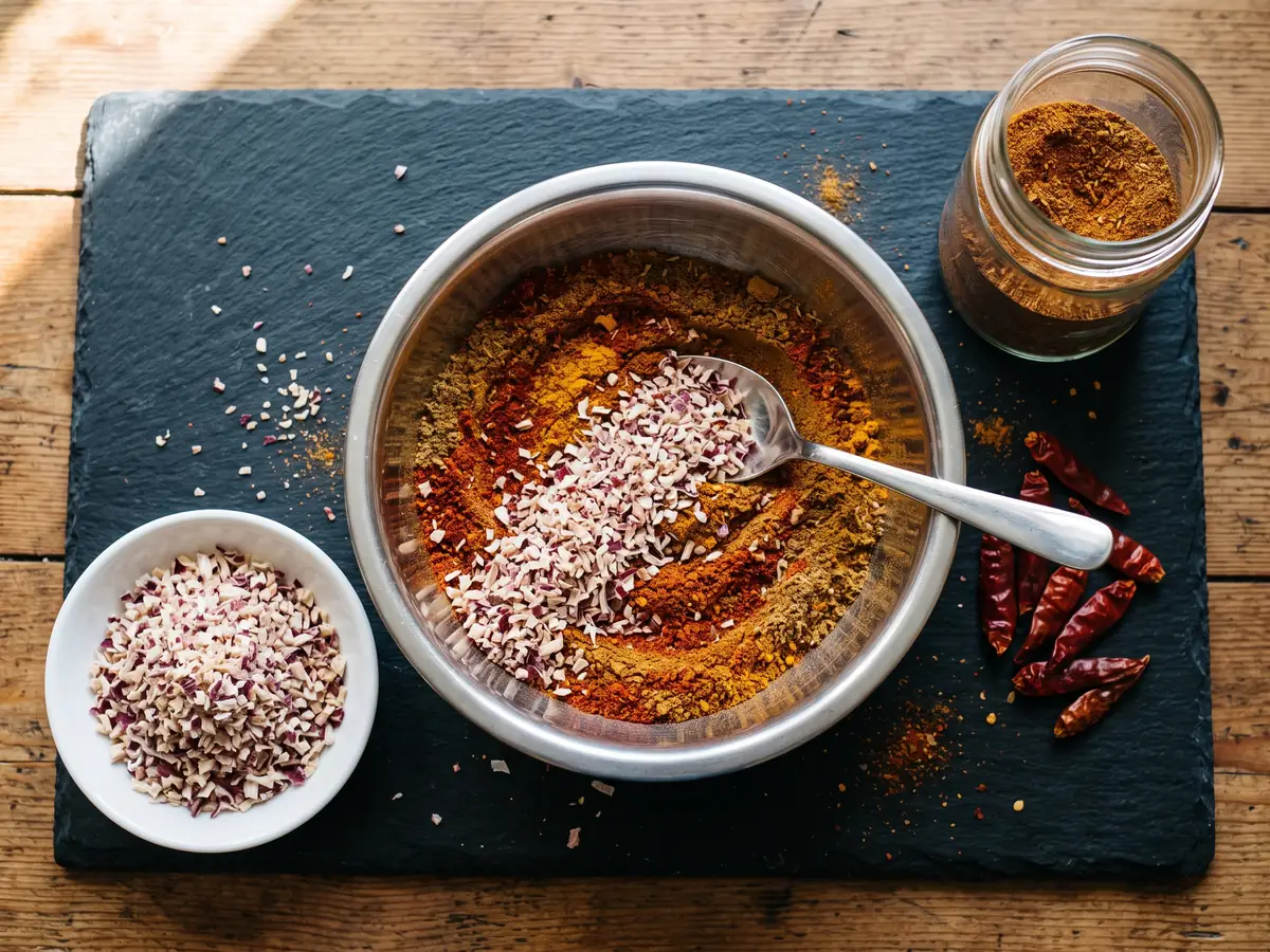 A stainless bowl of red spice blend with a streak of minced dehydrated red onion folded in, a dish of the dry grain beside it on a slate board.