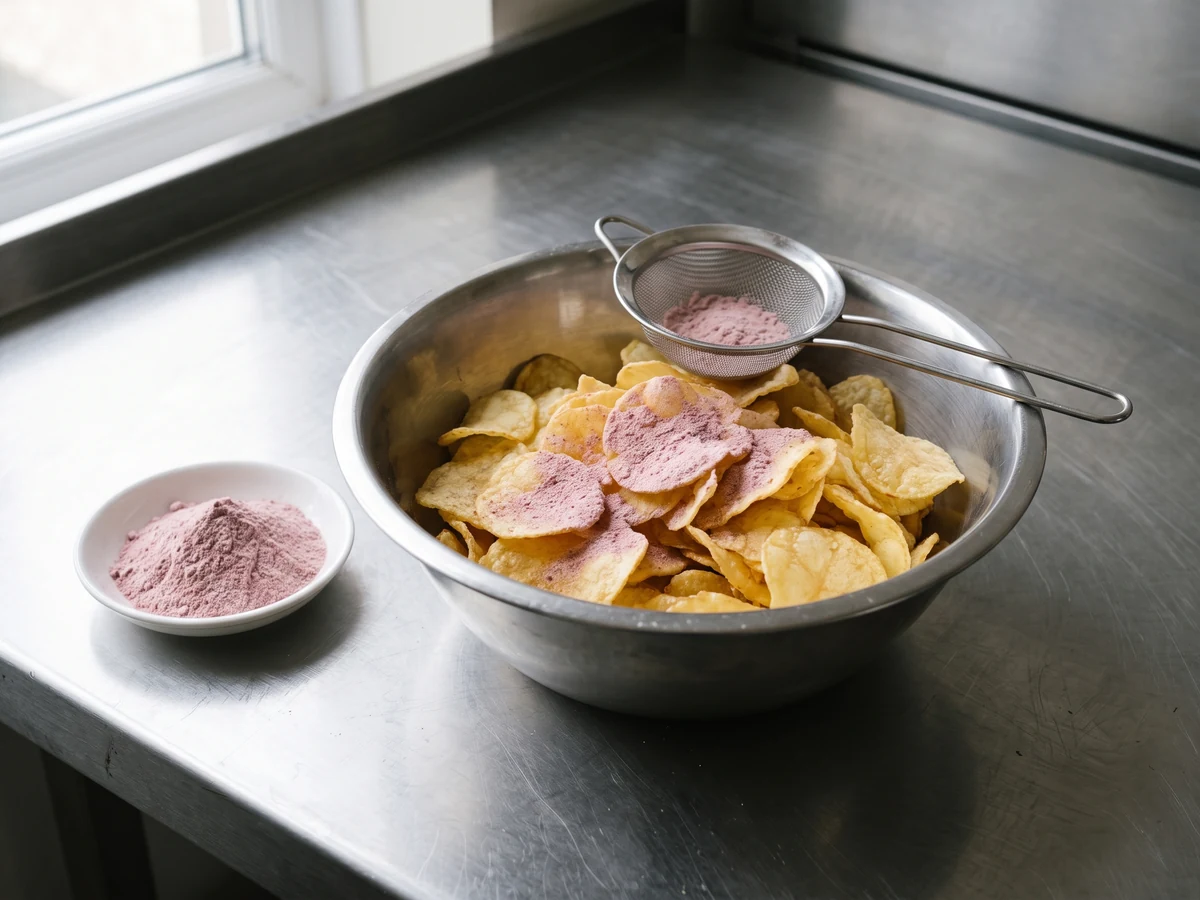 Fried potato crisps dusted with dehydrated red onion powder in a stainless bowl, a small sieve on the rim and a dish of the powder beside it.