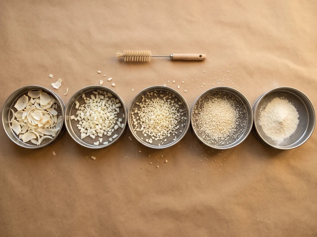 Five stainless test sieves in a row holding dehydrated white onion flakes, chopped, minced, granules and powder, seen from above on kraft paper.