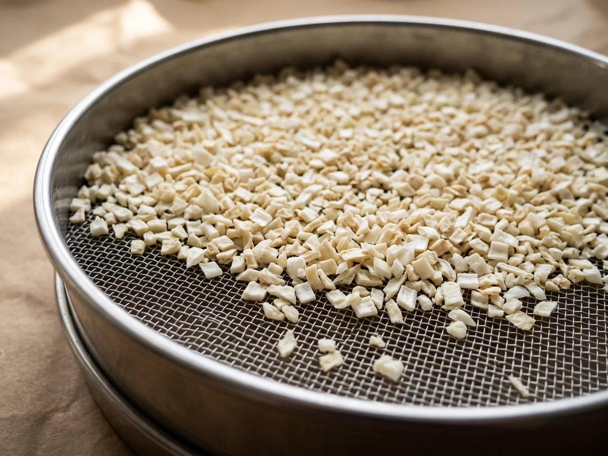 Close view of chopped dehydrated white onion pieces lying on the mesh of a stainless sieve, a few pieces dropping through.