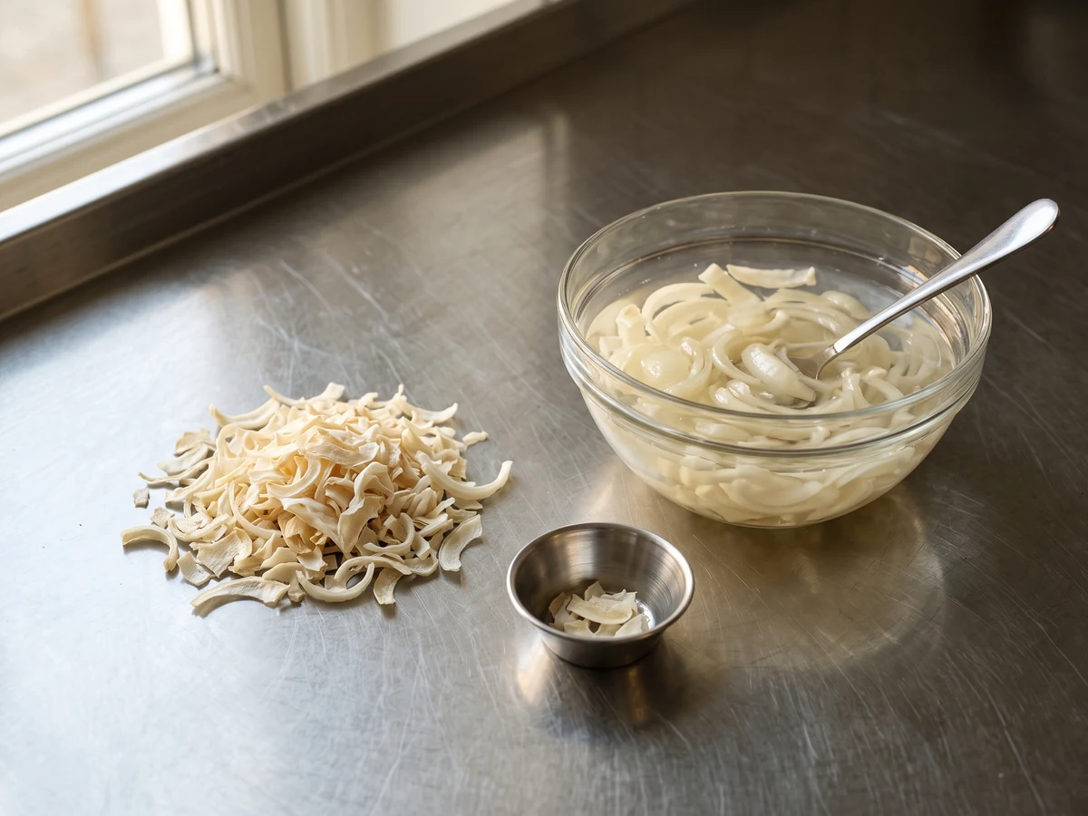 Dry dehydrated white onion flakes beside a glass bowl in which the same flakes are rehydrating in water on a stainless worktop.