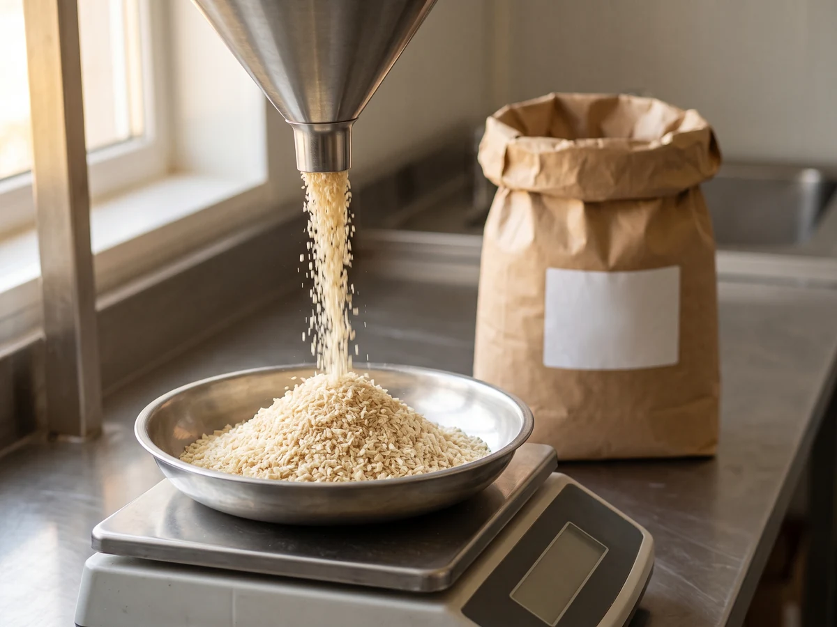A stream of dehydrated white onion granules pouring from a stainless funnel into the pan of a bench scale.