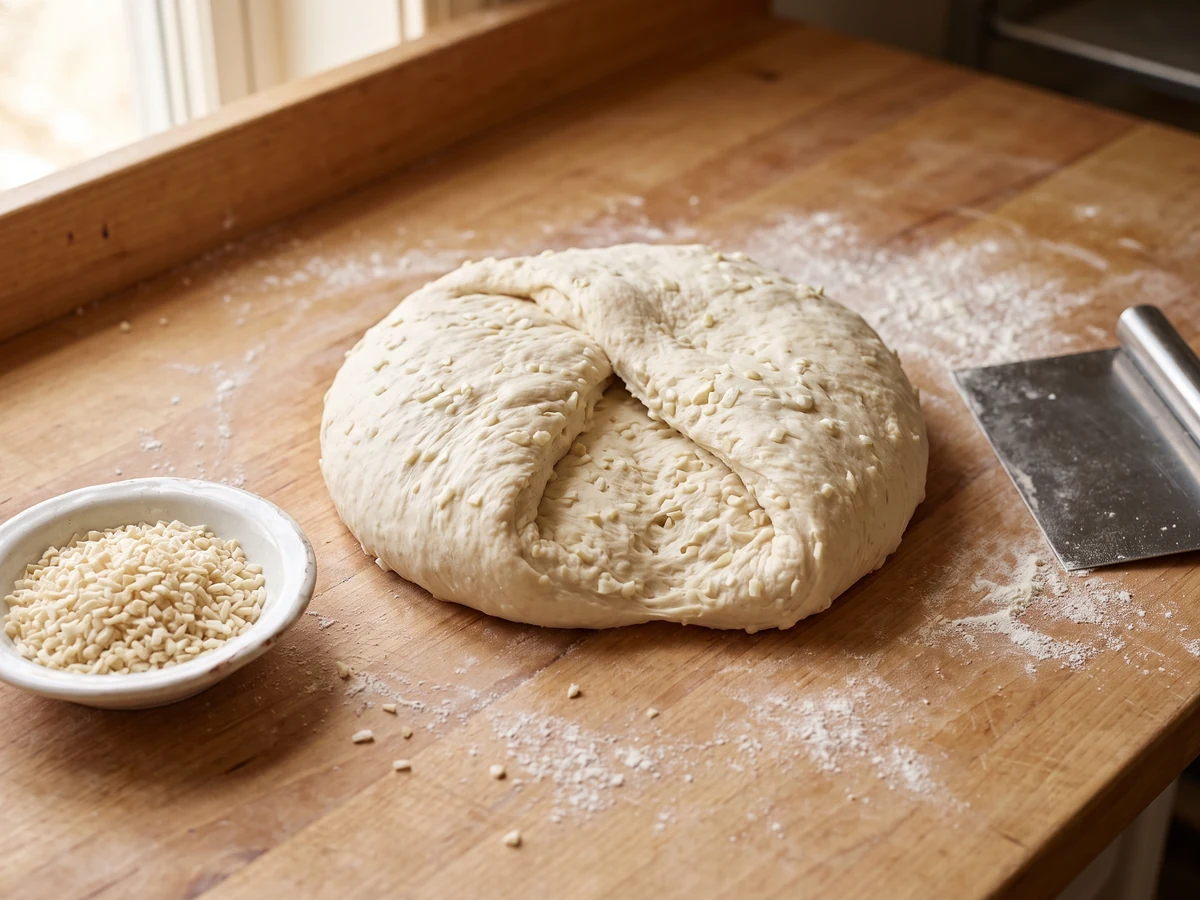 A folded-open bread dough with minced dehydrated white onion worked through it on a floured bench, a dish of the dry grain beside it.