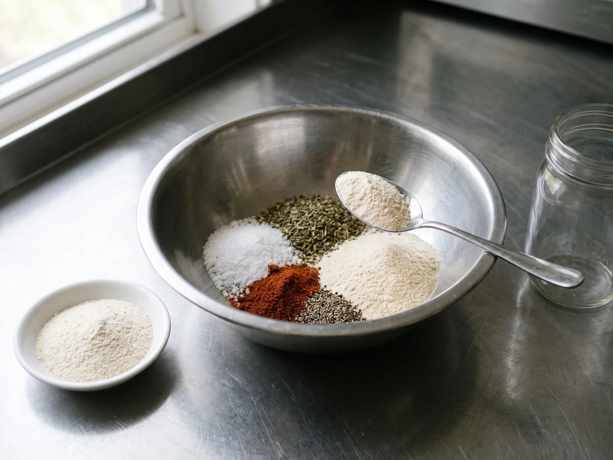 A stainless spoon of dehydrated white onion powder resting on a bowl of unmixed seasoning ingredients on a stainless worktop.