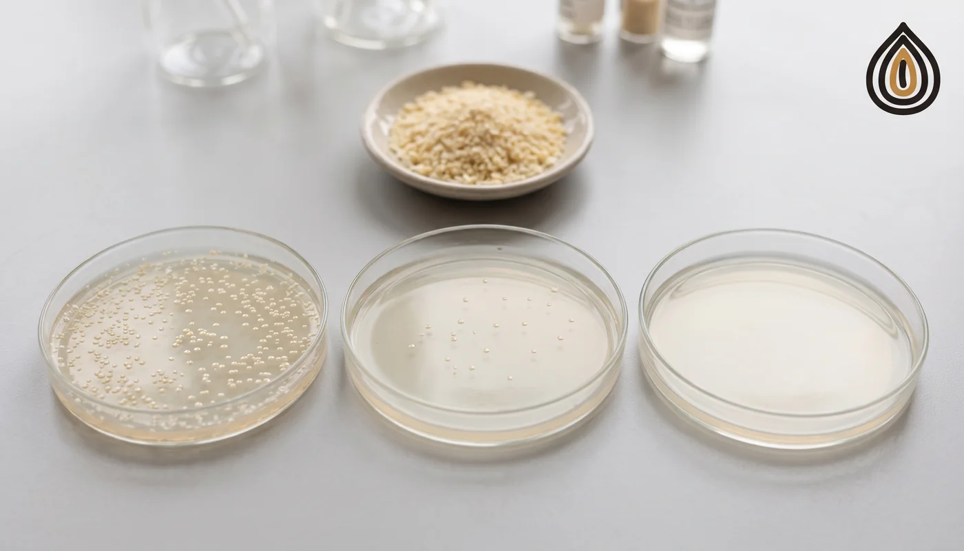 Three agar plates in a row with many, few and almost no bacterial colonies, representing the three tiers