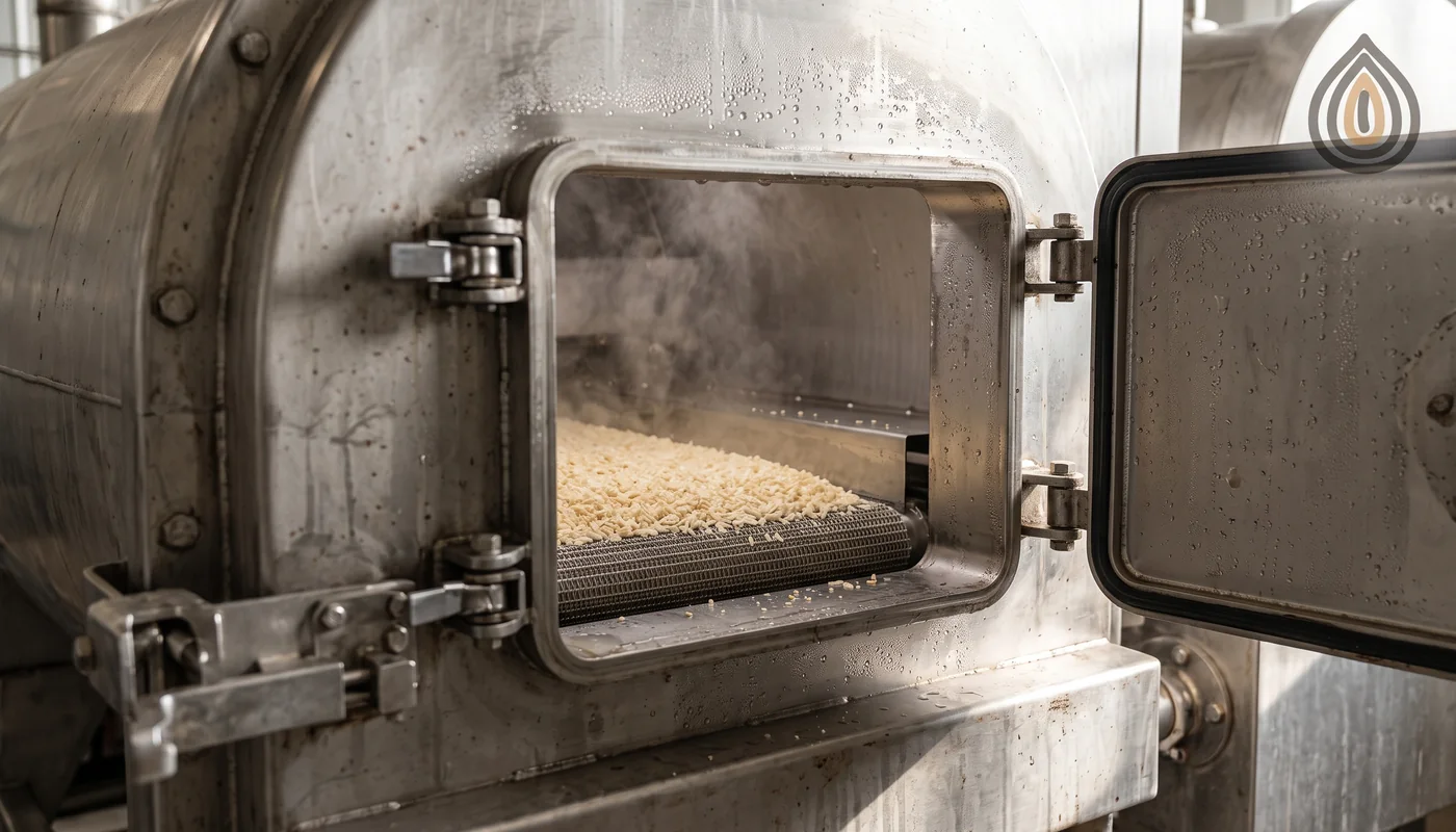 Close-up of the loading door of a continuous steam treatment unit with a bed of onion granules on the belt