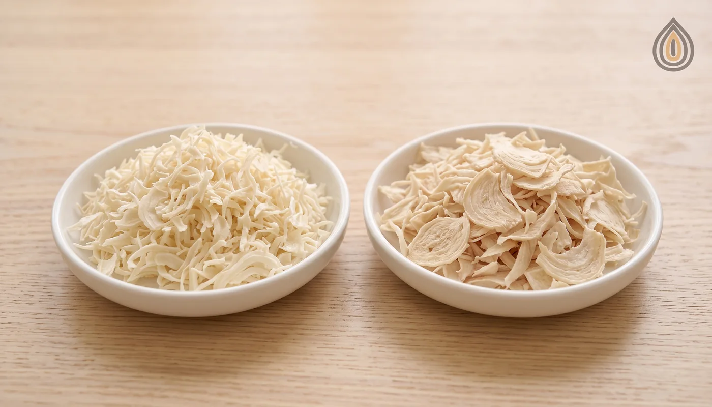 Two dishes of onion flakes side by side, untreated and steam-treated, the treated one a shade warmer in tone