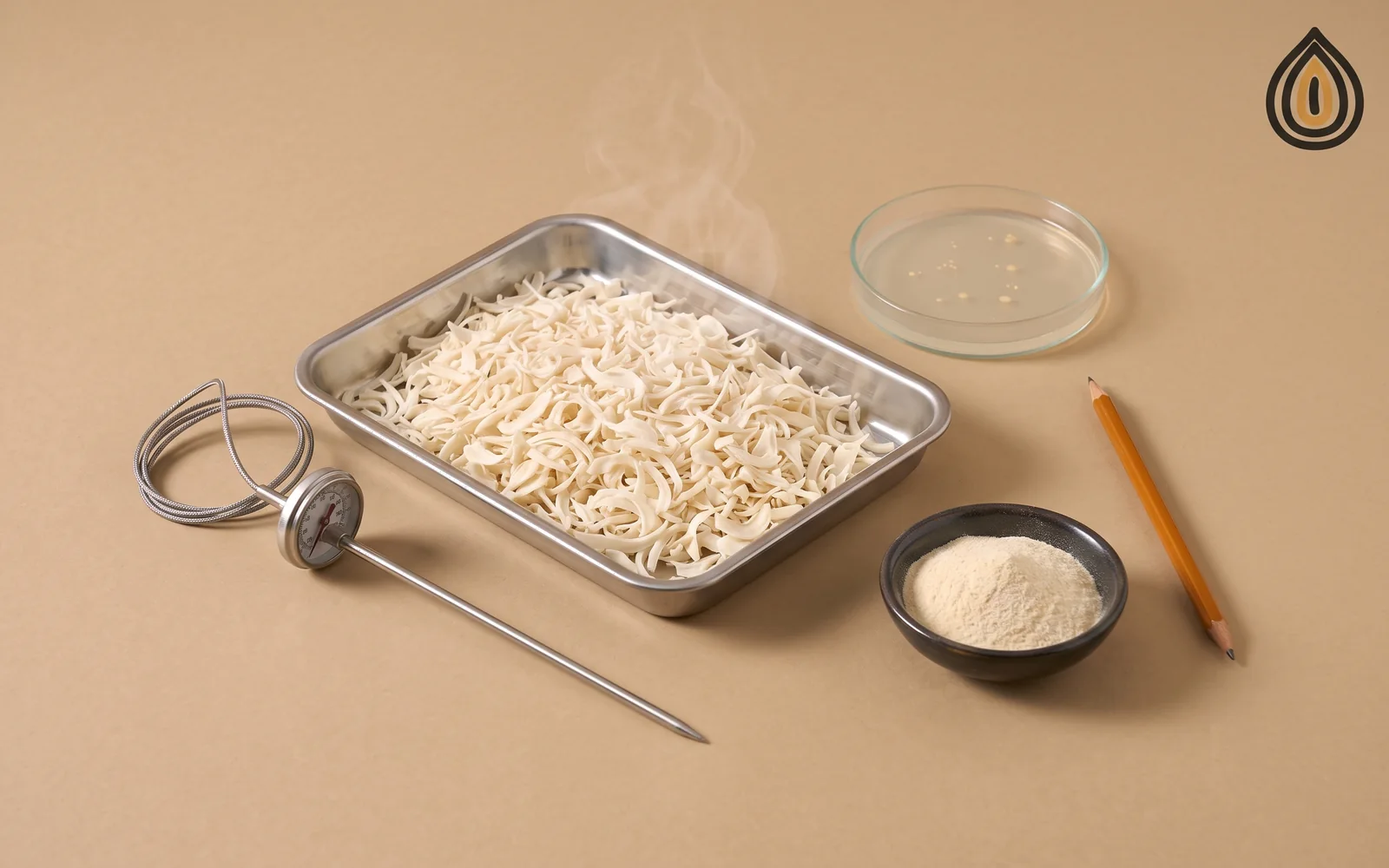Stainless tray of onion flakes with steam, a petri dish, a thermometer probe and a bowl of powder on a plain backdrop