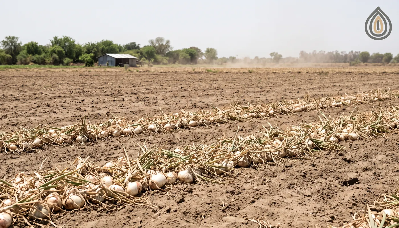 Harvested field with the last windrows of white onion drying under a hot clear sky, plants at the edge of the field