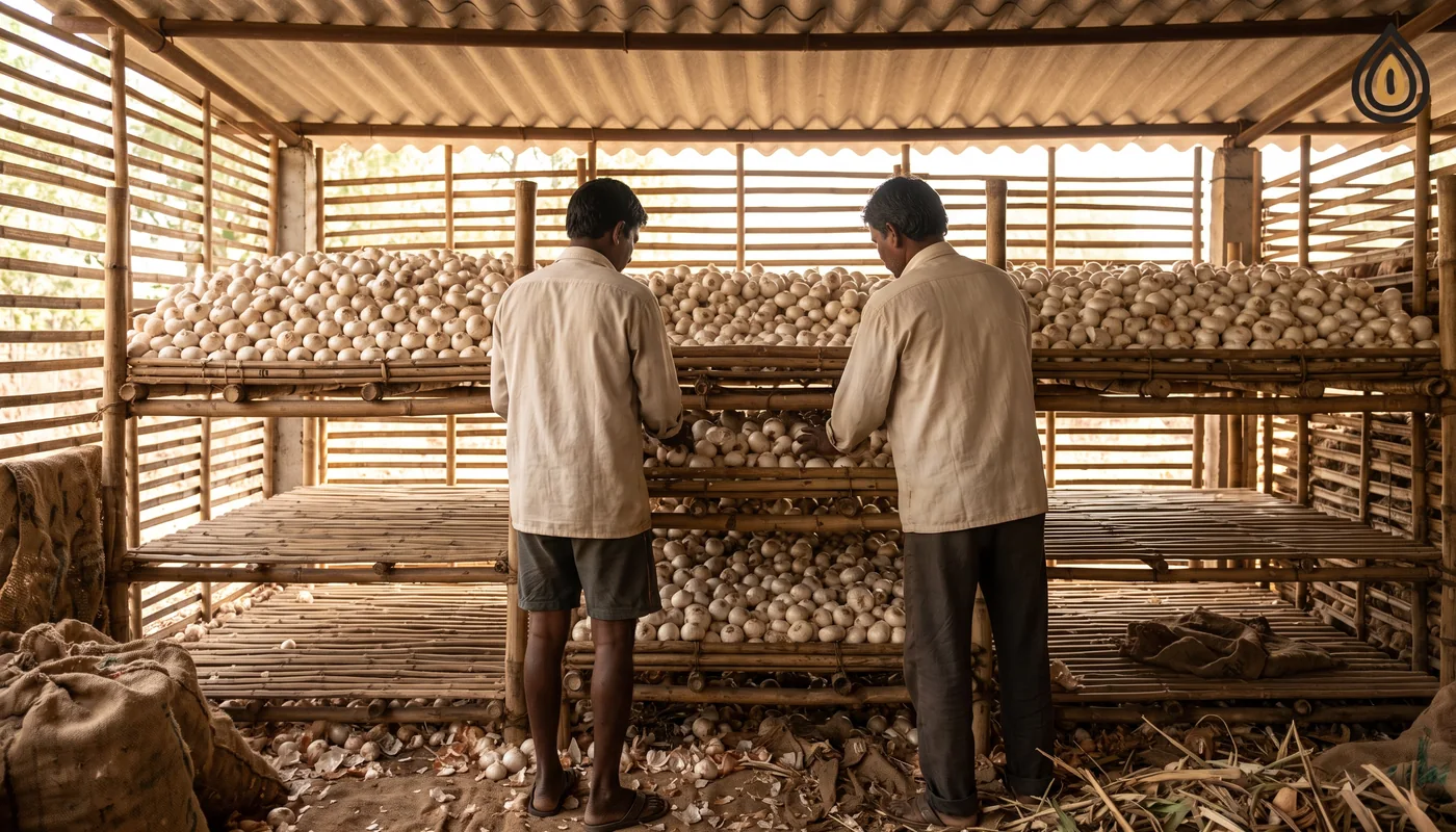 Farmers stacking white onions on bamboo racks inside a ventilated storage shed