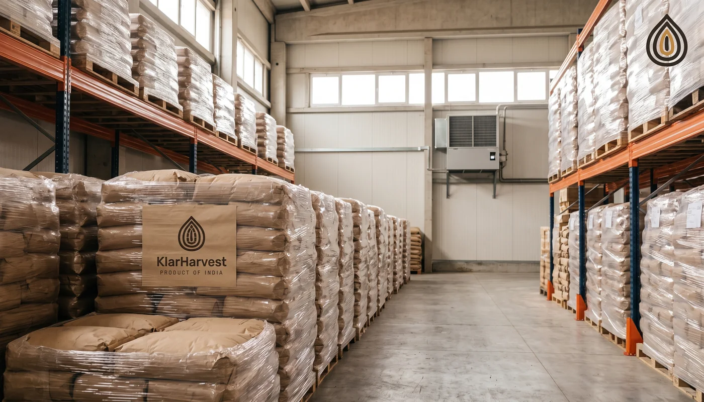 Exporter's godown stacked with pallets of kraft bags of dehydrated onion, the aisle stretching into the distance