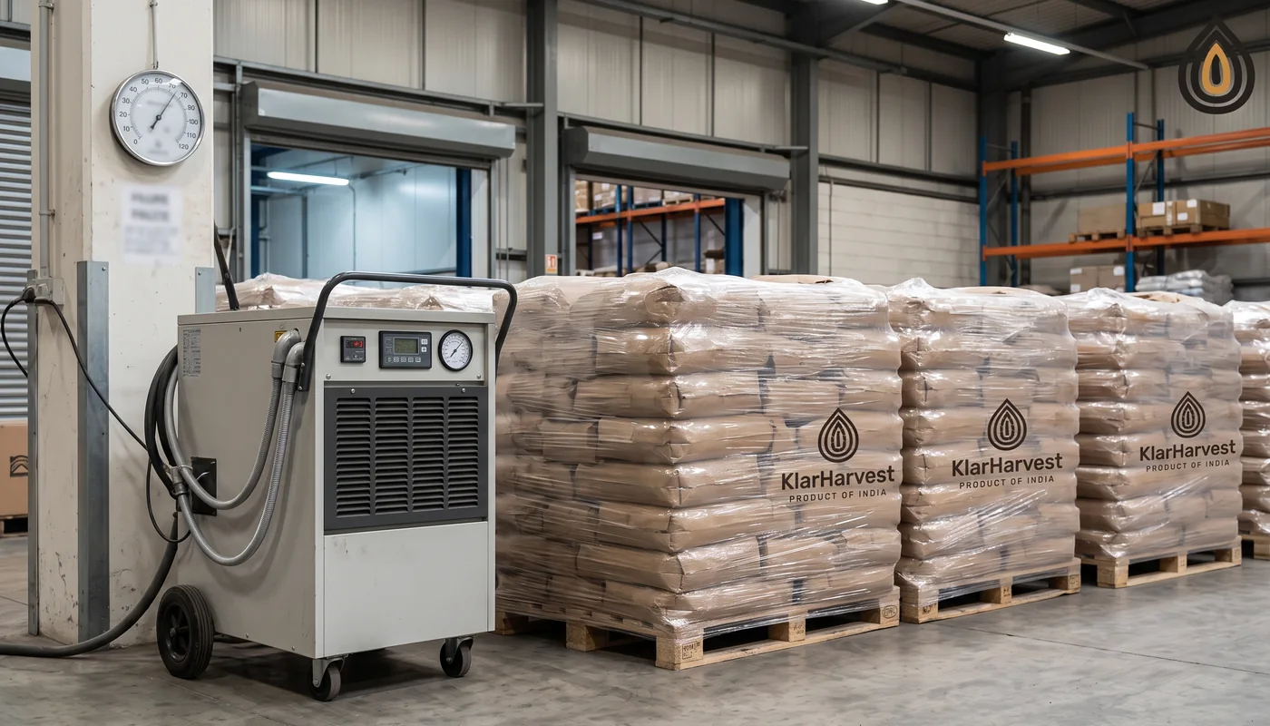 Industrial dehumidifier running inside a sealed godown stacked with pallets of dehydrated onion, a hygrometer on the wall