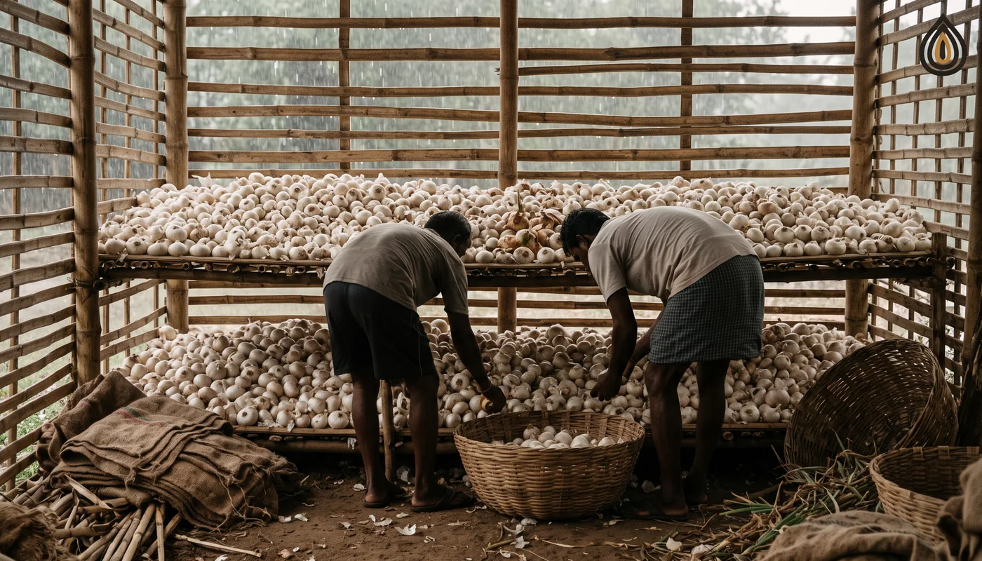 Ventilated onion storage shed in the rain with farmers checking bulbs for rot on the racks