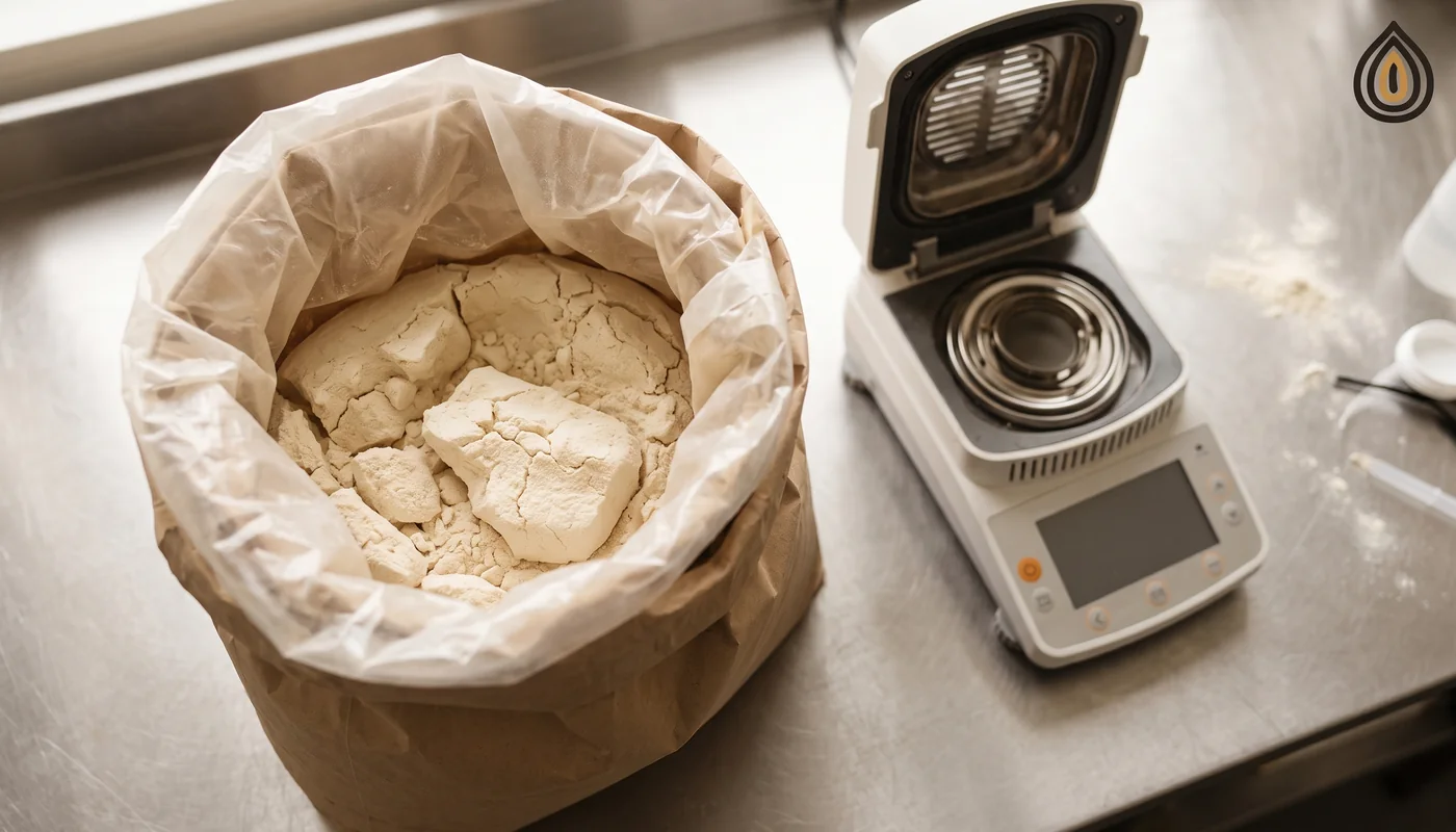 Bag of onion powder opened to show caked lumps beside a moisture meter reading on a bench