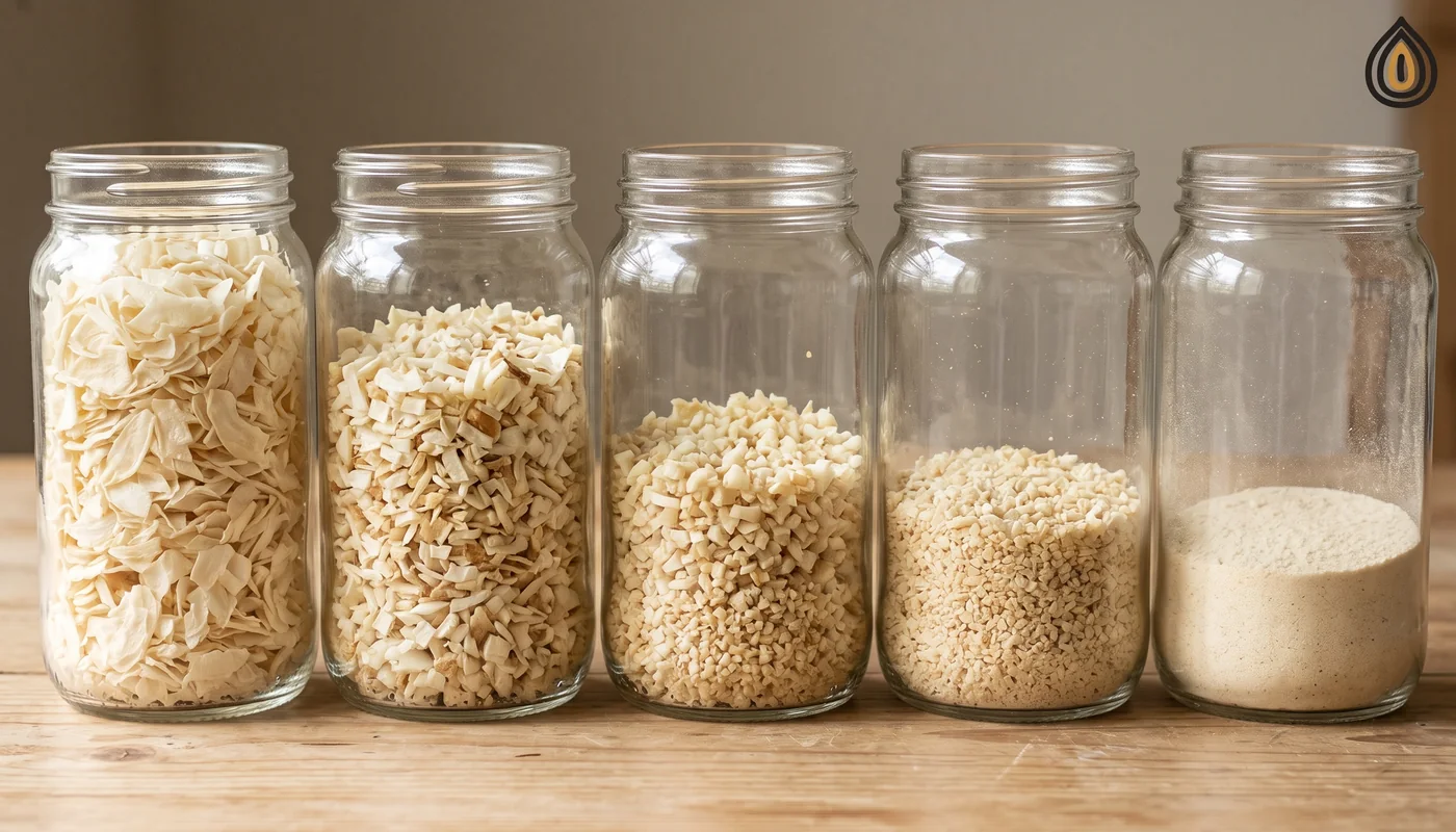 Five identical jars holding the same weight of flakes, chopped, minced, granules and powder at very different fill heights