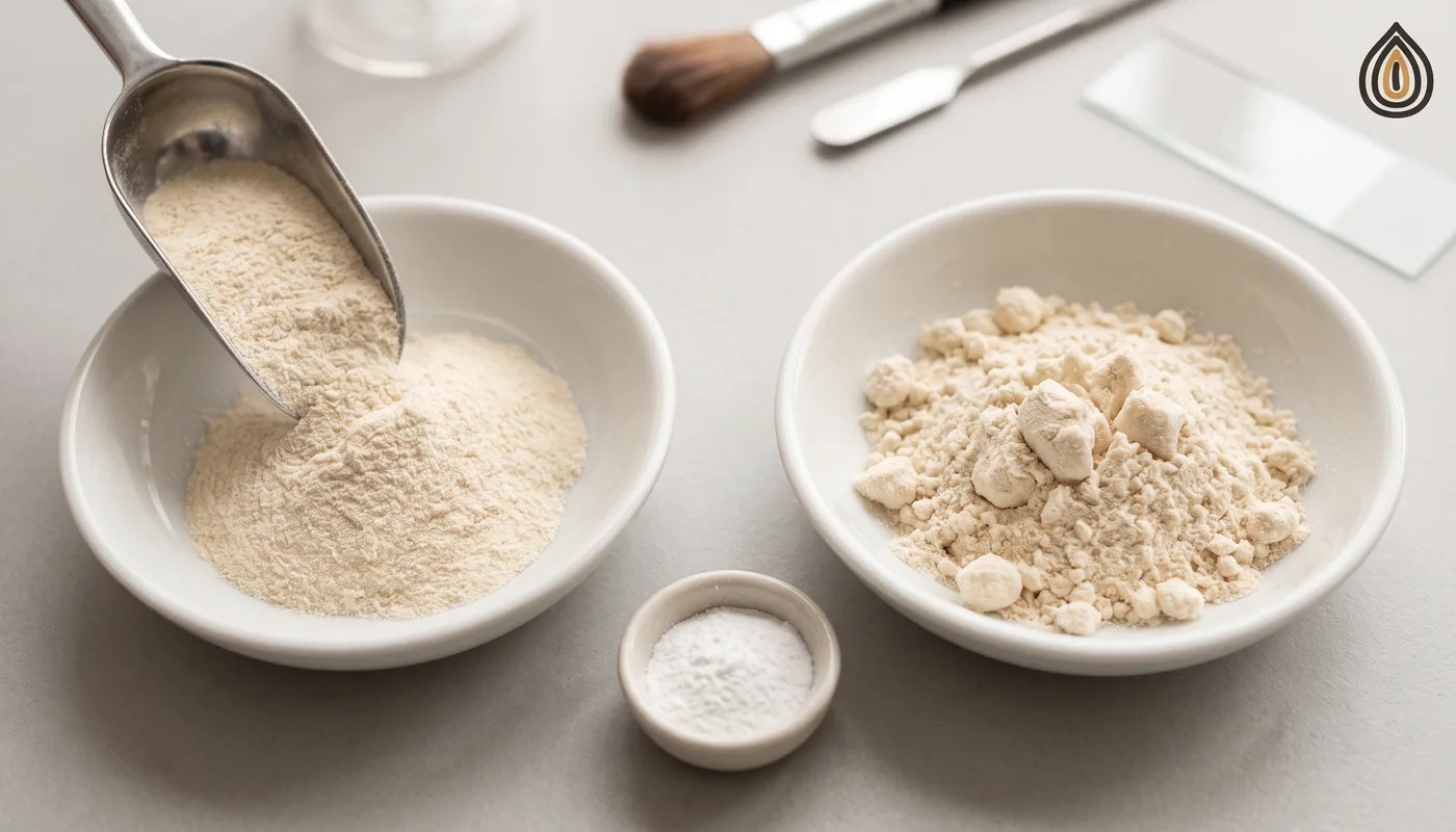Two dishes of onion powder, one free-flowing from a scoop and one clumped, with a small dish of silica beside them