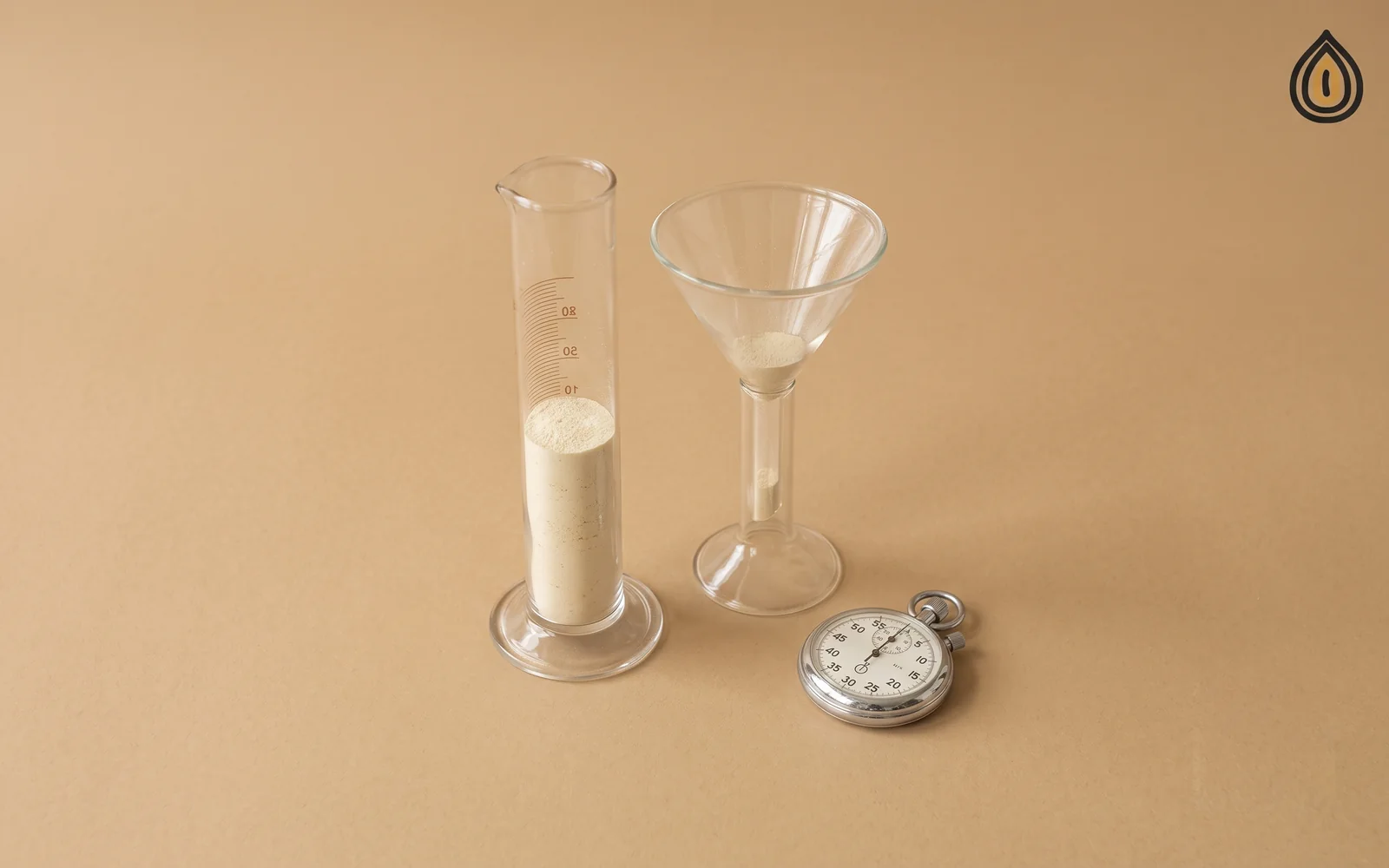 Graduated cylinder of onion powder on a laboratory bench beside a funnel and a stopwatch for a flow test