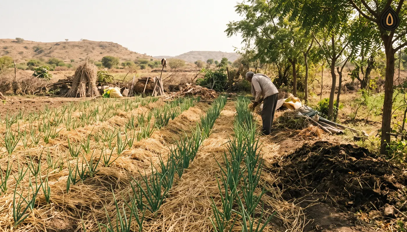 Organic onion plot with straw mulch between rows and a compost heap at the field edge in Saurashtra