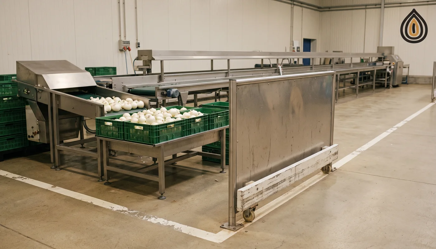 Dehydration plant with a separate marked line and crates for organic onion, kept apart from the main intake