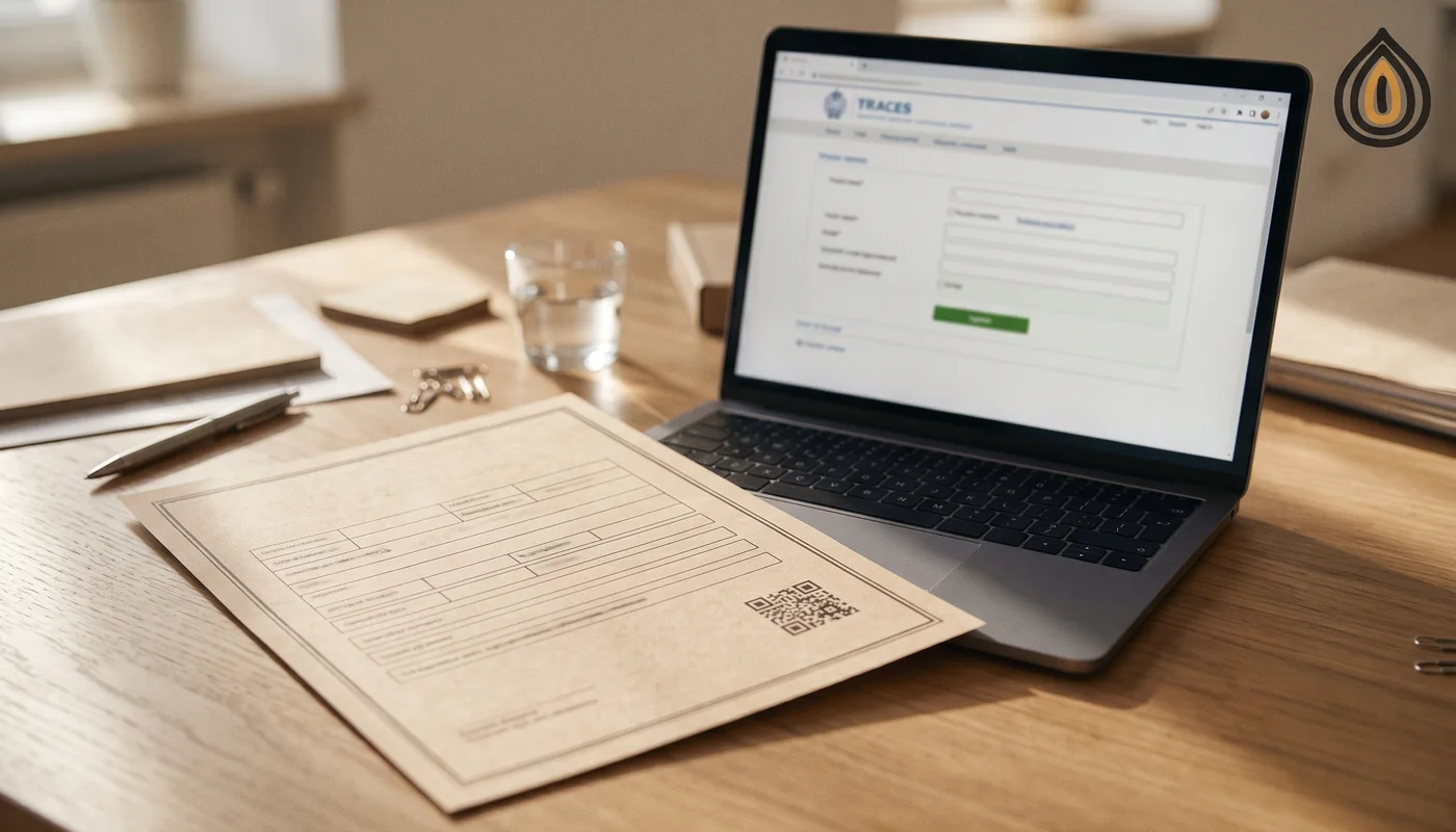 Printed certificate of inspection with a QR code beside a laptop showing a blurred TRACES screen