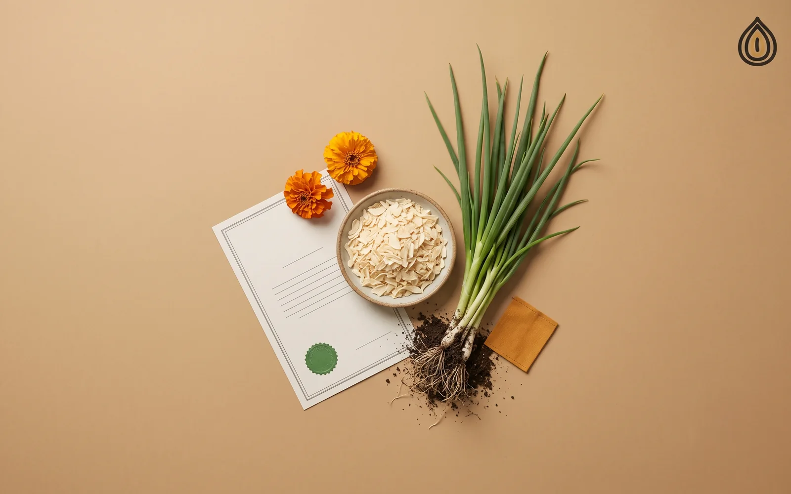 Dish of onion flakes, fresh onion plants, marigold flowers and a green-sealed certificate on a plain backdrop
