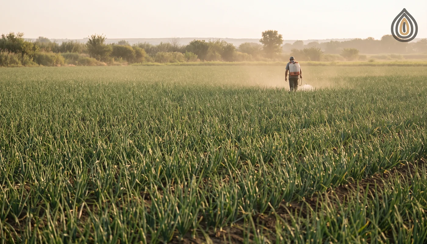 Farmer in a young onion field with a knapsack sprayer, seen from behind at a distance, morning light