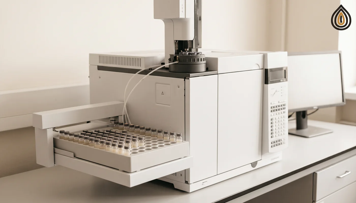Laboratory autosampler loading vials into a tandem mass spectrometer for a multi-residue pesticide screen