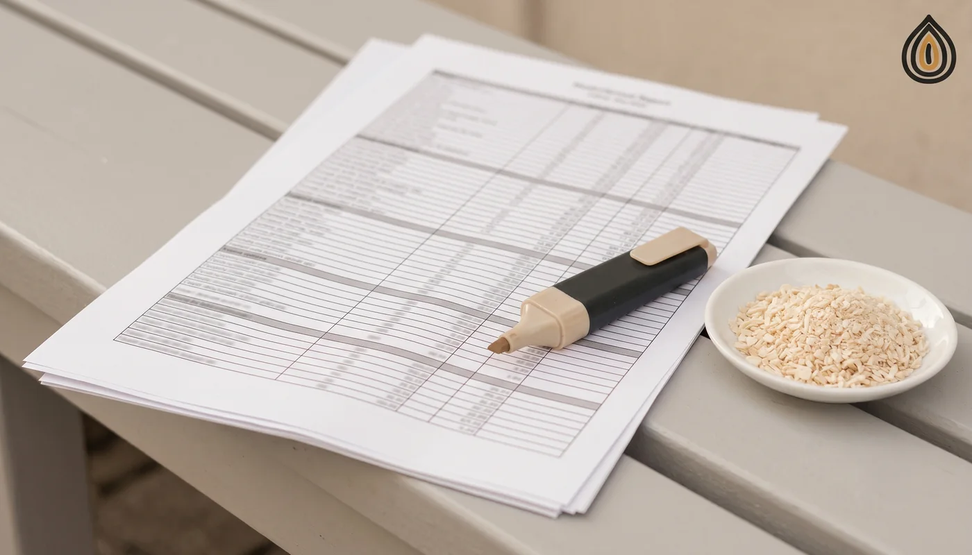 Residue report page with a long table of active substances, all text out of focus, beside a dish of onion granules
