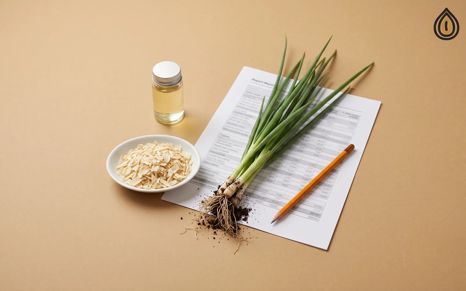 Glass vial of extract, a dish of onion flakes, fresh green onion plants and a report page on a plain backdrop