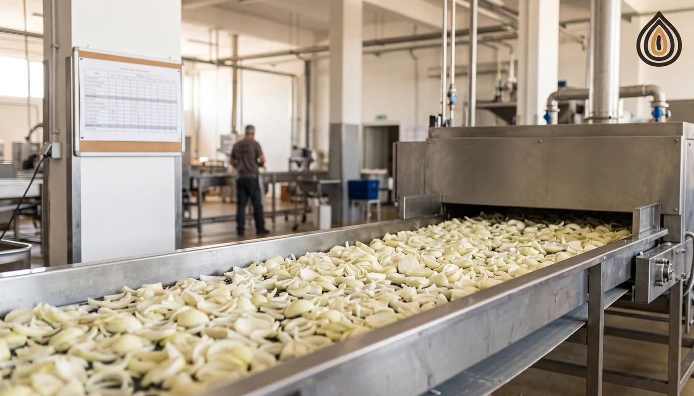 Plant production floor with sliced onion entering a dryer, a printed production schedule pinned to a board out of focus