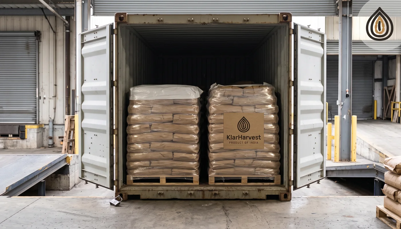 Container being opened at a European warehouse dock with pallets of kraft bags visible inside