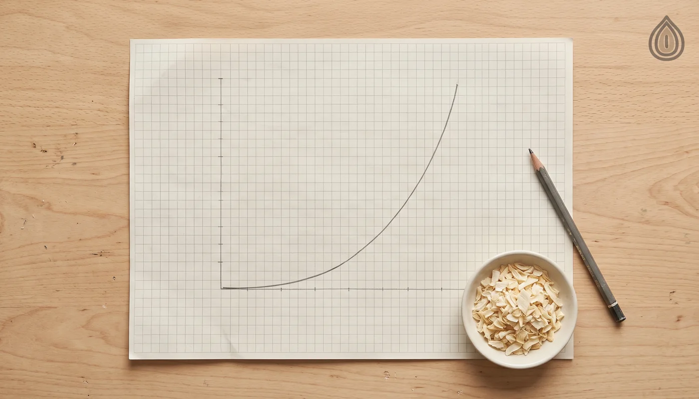 Hand-drawn curve on graph paper rising steeply at the right, a dish of onion flakes weighting the corner of the sheet