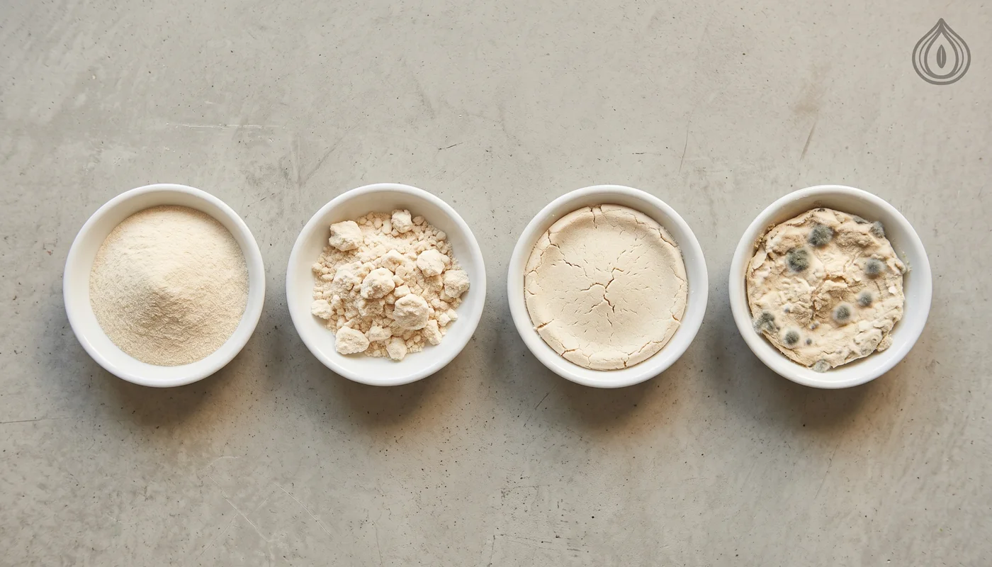 Four small dishes of onion powder in a row, from free-flowing to lightly clumped to caked to a dish showing a grey mould spot