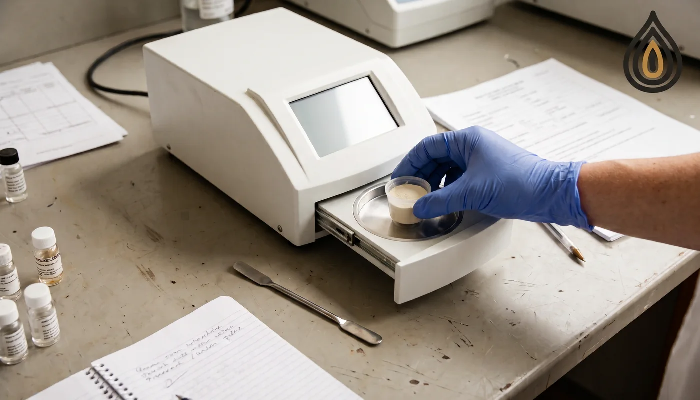 Close-up of a water activity meter's sample chamber with a sealed cup of onion powder and a blurred readout