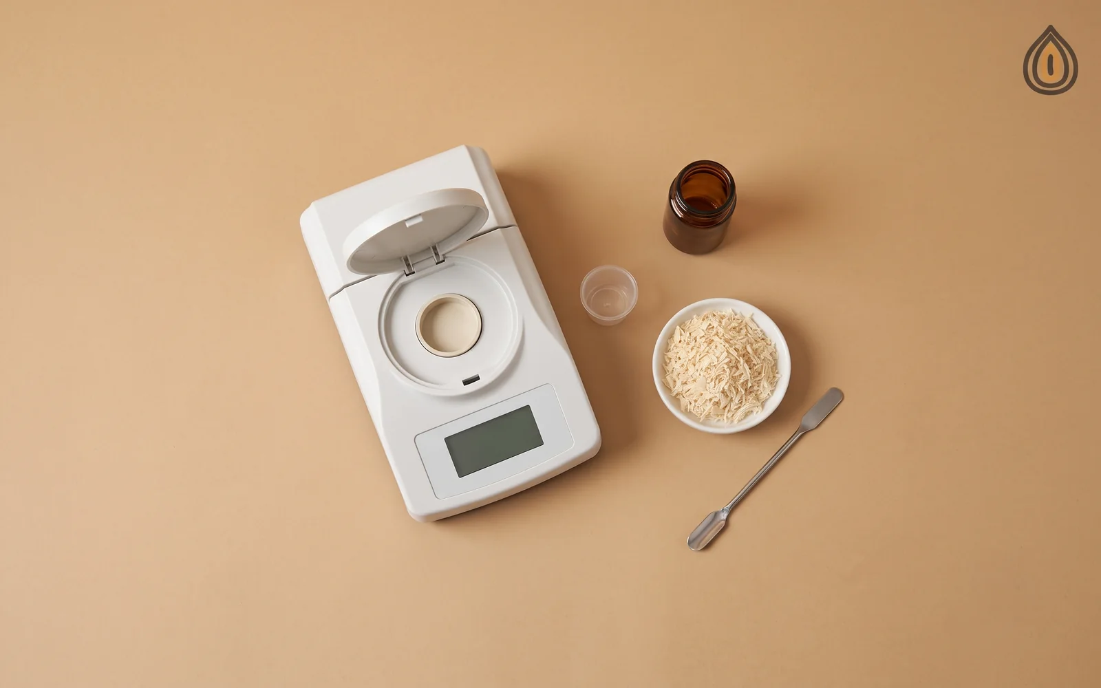 Benchtop water activity meter with its sample cup open and a small dish of dehydrated onion granules beside it