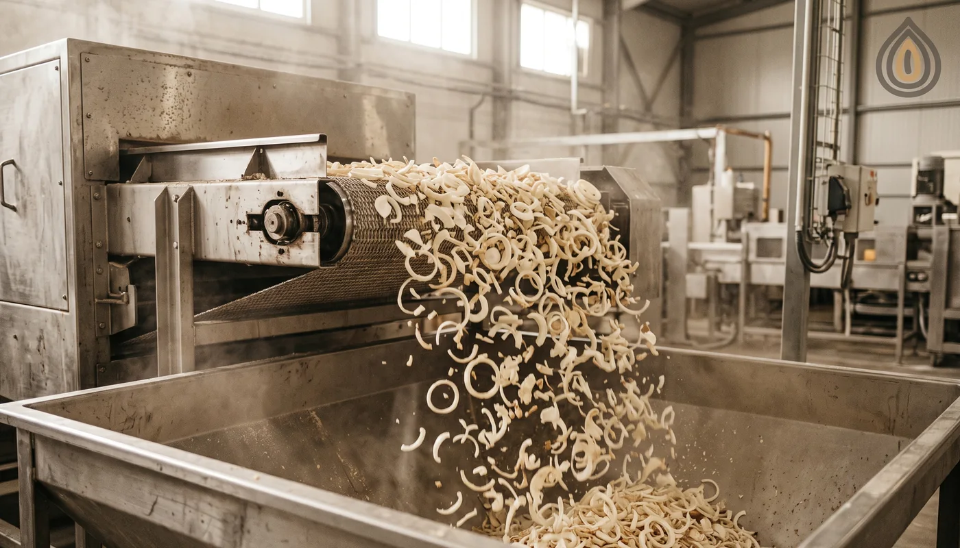 Dried onion kibble coming off the end of a belt dryer in large curved pieces before screening
