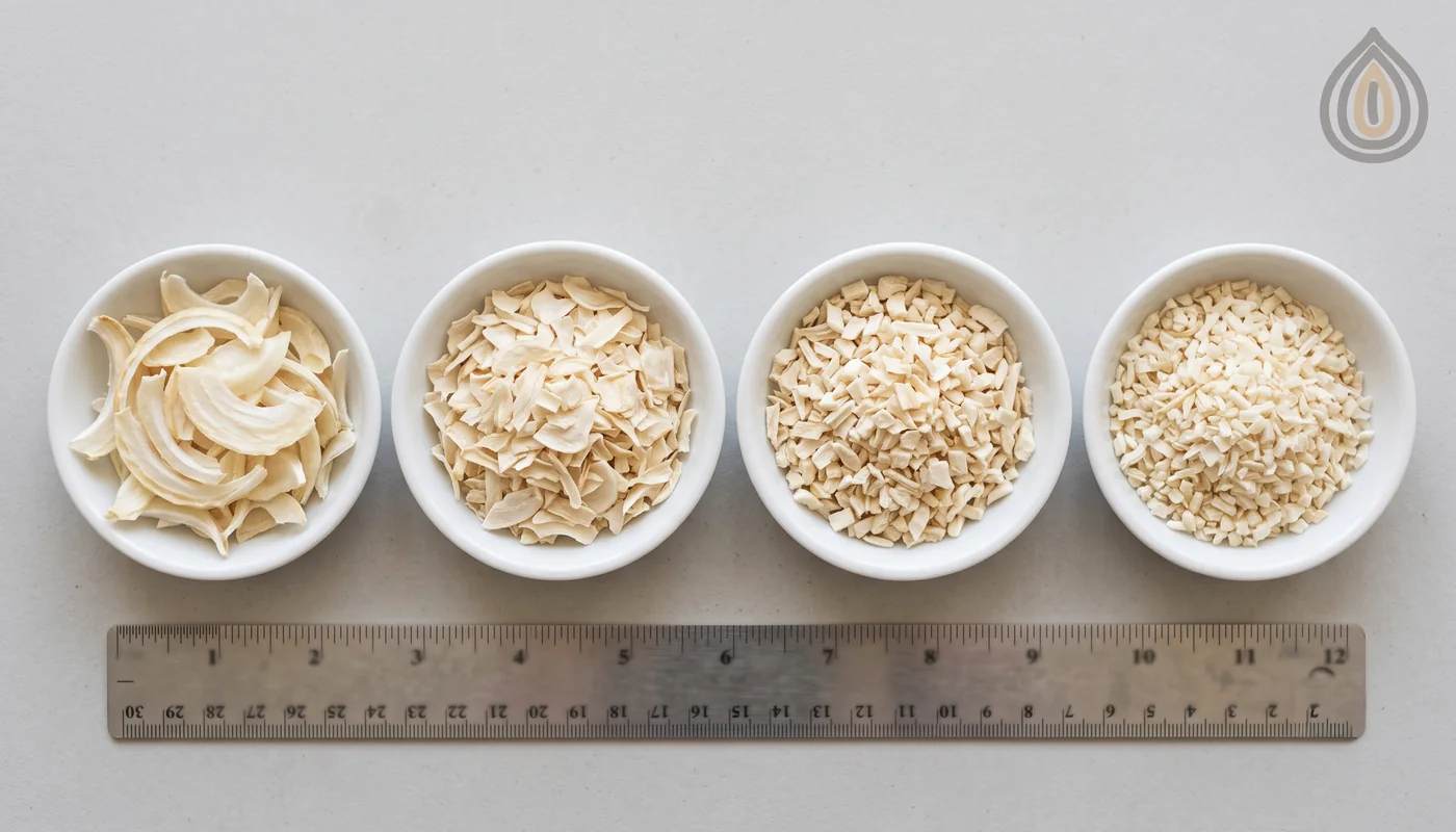 Four dishes in a row showing kibbled, flakes, chopped and minced onion with a ruler alongside