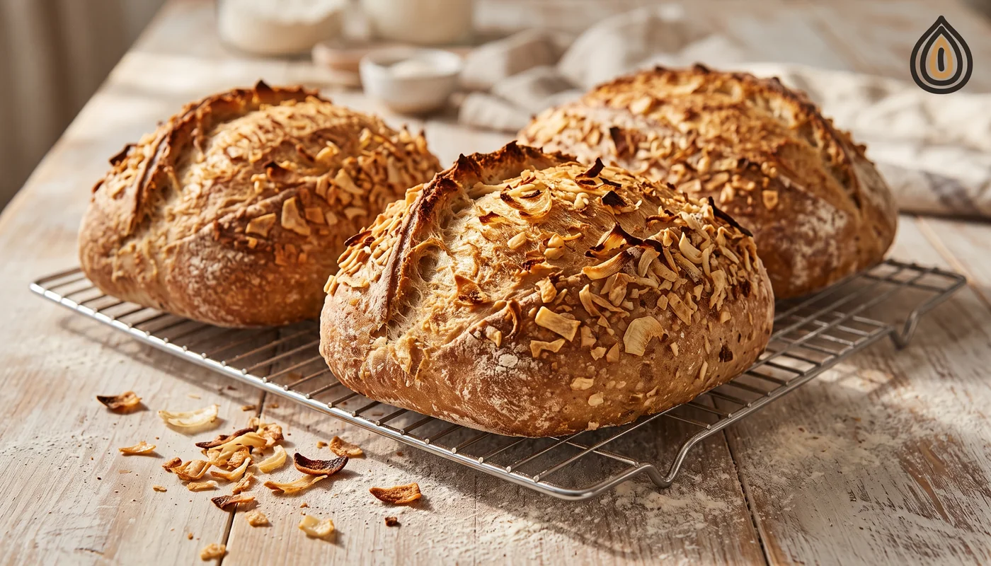 Loaves of bread topped with golden toasted kibbled onion pieces cooling on a rack